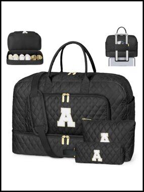 Initial Monogram Weekender Bag with Shoe Compartment - 3 Piece Travel Set